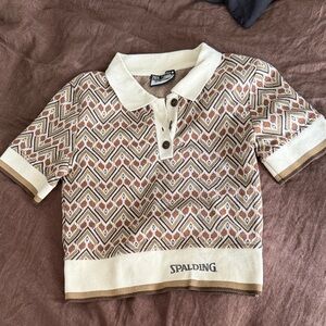 Spalding/Zara Cropped Polo with Geometric Pattern in Brown and Cream